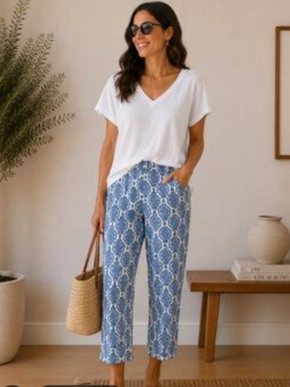 Stella Parker Blue White Medallion Print Cropped Pants(L)